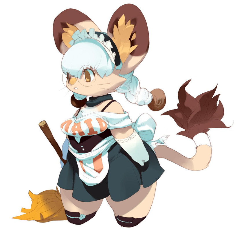 anthro apron braided_hair broom cleaning_tool clothing dress female fur hair holding_broom holding_cleaning_tool holding_object maid_uniform open_mouth short_stack simple_background solo standing tan_body tan_fur thick_thighs uniform white_background white_hair koki felid mammal 2017