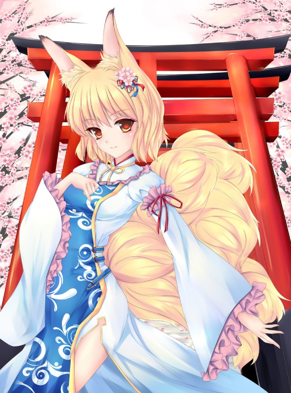 accessory blonde_hair blush cherry_blossom female flower hair hair_accessory looking_at_viewer multi_tail plant prunus_(flower) red_eyes short_hair solo tail torii fred0092 touhou ran_yakumo animal_humanoid canid canid_humanoid canine canine_humanoid fox fox_humanoid humanoid mammal mammal_humanoid hi_res