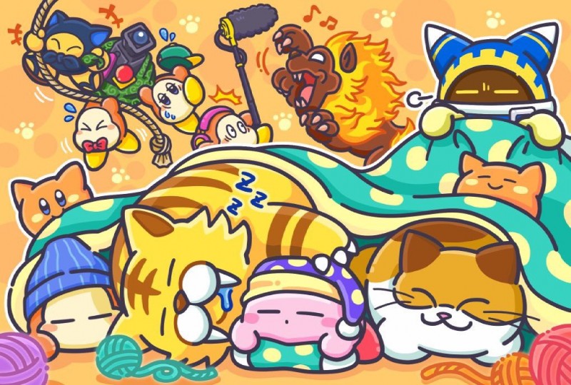 bag bedding blanket blush bodily_fluids boom_microphone camera clothing electronics eyes_closed fangs fur group hat headgear headwear microphone nightcap rope sighing sweat teeth whiskers yellow_body yellow_fur unknown_artist kirby_(series) nintendo kirby magolor nago_(kirby) sleep_kirby domestic_cat felid feline felis fire_lion_(kirby) galbel halcandran mammal scarfy tac_(kirby) waddle_dee waddling_head