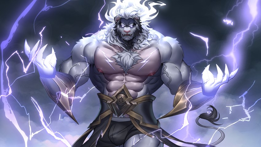 5_fingers abs anthro armor biceps bulge clothed clothing fighting_pose fingers front_view glowing glowing_eyes light looking_at_viewer male muscular muscular_anthro muscular_male nipples open_mouth pecs pose purple_eyes solo topless vein veiny_arms veiny_muscles littef felid lion mammal pantherine 16:9 2023 hi_res lighting widescreen