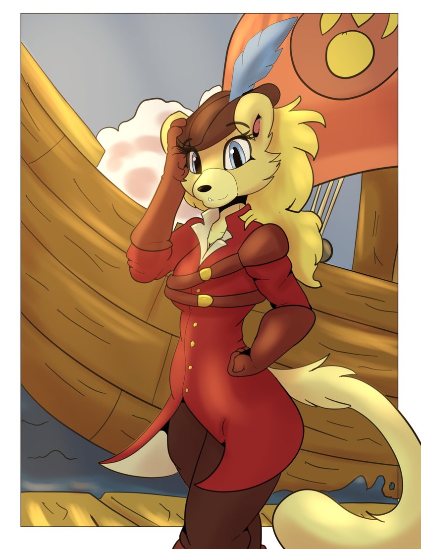 anthro clothed clothing coat female pier sea ship solo topwear tricorne vehicle water watercraft rilesthecat admiral_abigale canid canine canis domestic_dog mammal hi_res tagme