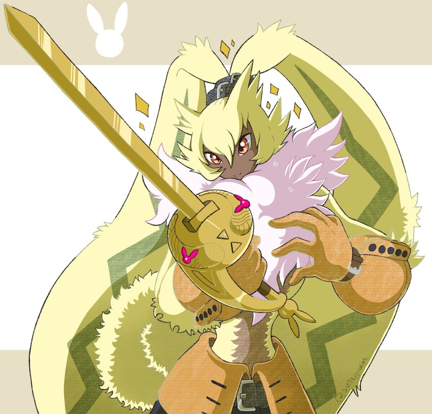 anthro belt bottomwear clothed clothing fluffy_chest fur gloves handwear long_ears male melee_weapon orange_eyes pants ponytail_ears solo sparkles sword topless weapon yellow_body yellow_fur portugueselynx bandai_namco digimon digimon_(species) lagomorph leporid mammal rabbit symbareangoramon hi_res