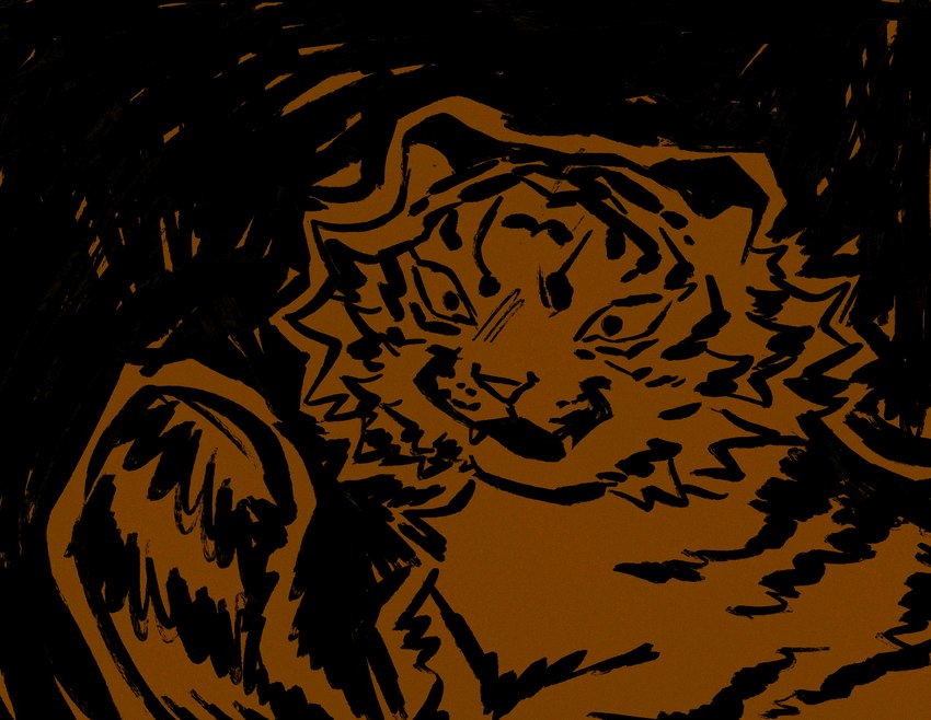 :3 ambiguous_gender black_and_brown black_and_orange brown_monochrome cheek_tuft facial_tuft feral fur looking_at_paw open_:3 open_mouth scribble_background solo striped_body striped_fur stripes tuft spunkzoid felid mammal pantherine tiger hi_res restricted_palette