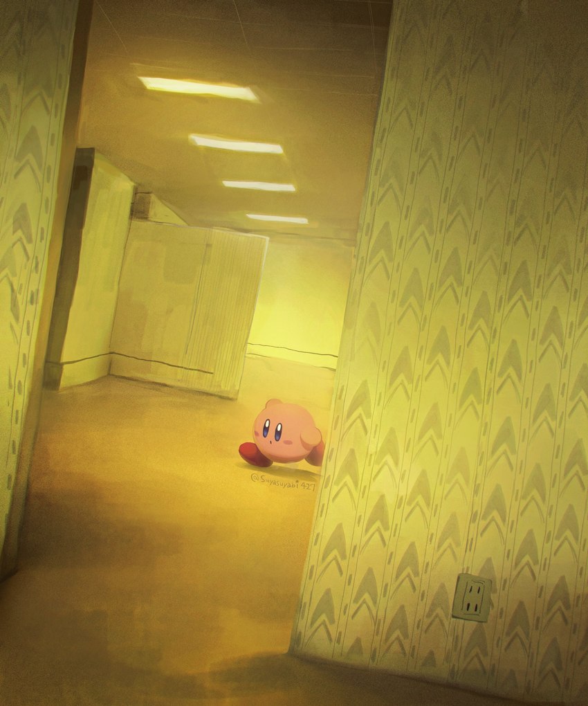 ambiguous_gender blue_eyes blush ceiling dutch_angle floor inside lights open_mouth pink_body plug raised_arm running solo wall_(structure) yellow_wall suyasuyabi427 kirby_(series) nintendo the_backrooms kirby alien sphere_creature waddling_head 2024 digital_media_(artwork) hi_res