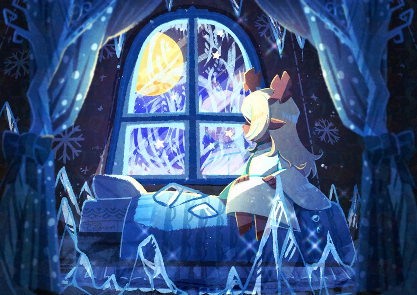 4_fingers adolescent anthro antlers bed bed_sheet bedding bedroom blonde_hair bow_(feature) clothing cold curtains curtains_open female fingers frost frozen furniture glistening glistening_hair hair hooves horn ice icicle light long_hair looking_away moon pillow red_nose reflection robe snowflake snowgrave solo star unguligrade white_clothing white_robe window young young_female watanolemont deltarune undertale_(series) noelle_holiday deer mammal new_world_deer reindeer absurd_res cool_colors hi_res signature