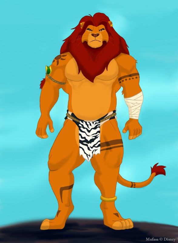 anthro anthrofied bottomwear clothing digitigrade ear_piercing front_view loincloth male mane mature_anthro mature_male monotone_mane muscular muscular_anthro muscular_male piercing red_mane solo tribal warrior tarolyon disney the_lion_king mufasa felid lion mammal pantherine hi_res