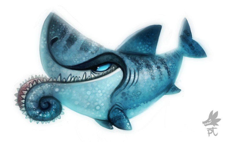 ambiguous_gender blue_eyes blue_sclera fangs feral grey_body grey_scales scales simple_background solo teeth white_background piper_thibodeau fish helicoprion marine shark 2014 digital_media_(artwork) digital_painting_(artwork)