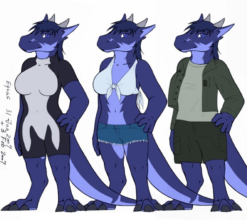 anthro biped blue_eyes bottomwear chibi clothing digitigrade female hand_on_hip horn jacket looking_at_viewer shorts simple_background solo standing swimwear tail topwear white_background equus mythology despina dragon mythological_creature mythological_scalie scalie 2007