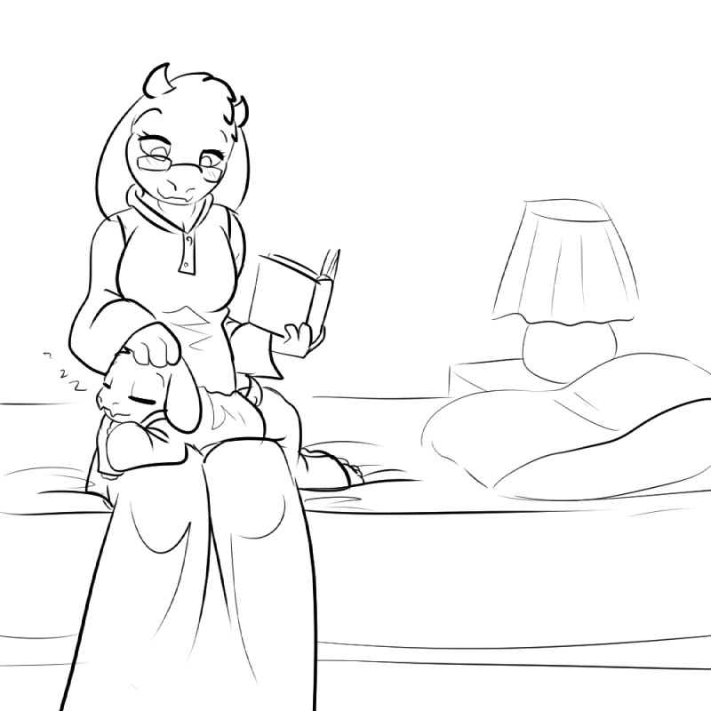 anthro barefoot bed bedroom bedtime bedtime_story book clothing duo end_table eyes_closed eyewear feet female fur furniture glasses horn inside lamp long_ears male nightstand pillow robe sleeping damienbutt_(artist) undertale undertale_(series) asriel_dreemurr toriel boss_monster_(undertale) bovid caprine goat mammal 1:1 2015 digital_media_(artwork) monochrome