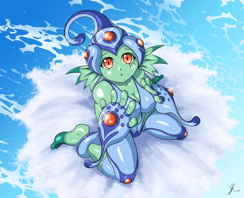 barefoot big_breasts breasts cleavage clothed clothing feet female green_body red_eyes sea solo water souleatersaku90 bandai_namco digimon digimon_(species) humanoid ranamon hi_res