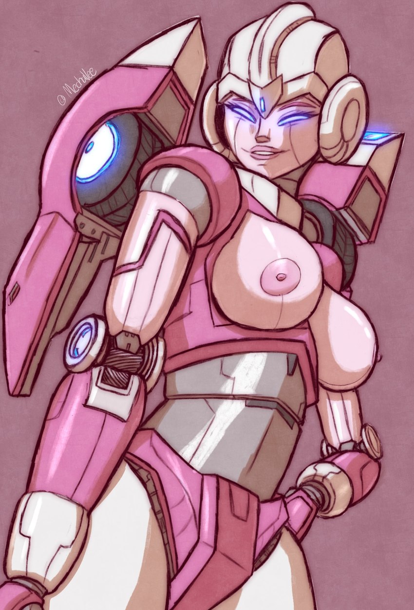 areola big_breasts breasts exposed_breasts female glowing glowing_eyes machine nipples not_furry smile smiling_at_viewer solo mechavee_art hasbro takara_tomy transformers arcee cybertronian humanoid robot robot_humanoid hi_res