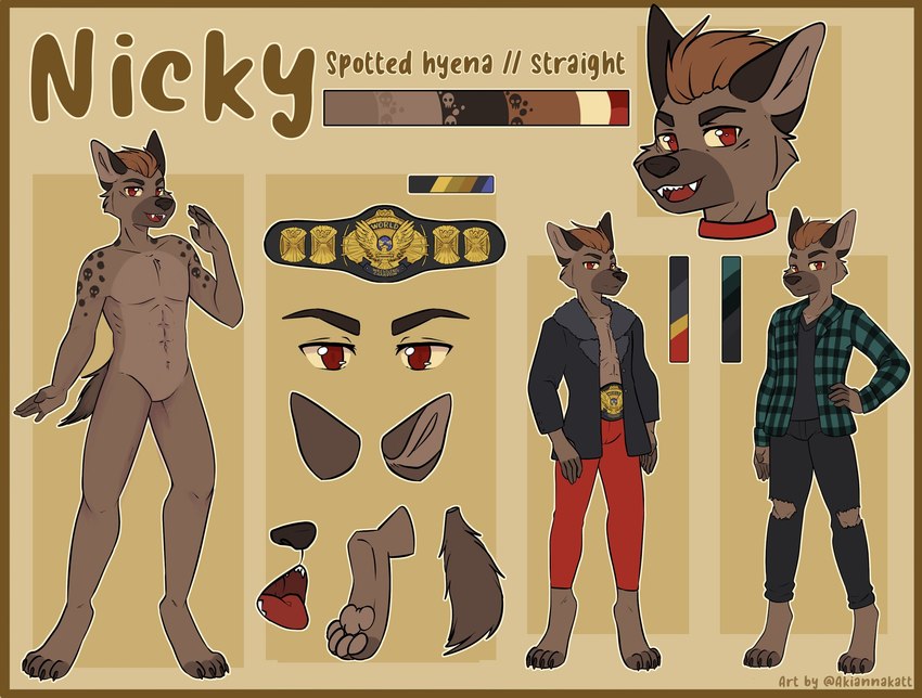 anthro brown_body brown_fur brown_hair fur hair male red_eyes solo akiannakatt wwe nicky_graves hyena mammal spotted_hyena hi_res model_sheet