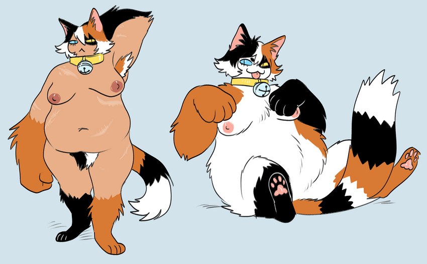 :< anthro armpit_hair bell belly body_hair breasts collar female mottled nipples overweight overweight_female piebald pubes solo spoonfayse mike_(spoonfayse) animal_humanoid calico_cat calico_cat_humanoid cat_humanoid domestic_cat felid felid_humanoid feline feline_humanoid felis humanoid mammal mammal_humanoid