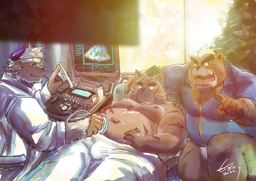 accessory anthro barazoku belly blush brown_body brown_fur eyebrows fur group headband horn hospital male male/male medical_instrument navel pregnant pregnant_male scar scientific_instrument shirtless stethoscope thick_eyebrows trio hikoero777 lifewonders tokyo_afterschool_summoners ashigara_(tas) shennong_(tas) yasuyori_(tas) bear bovid bovine canid canine canis cattle domestic_dog mammal 2022