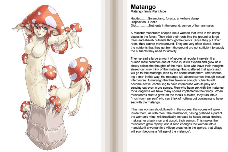 breasts butt featureless_breasts female fungus monster_girl_(genre) mushroom mushroom_cap not_furry simple_background solo text kenkou_cross third-party_edit monster_girl_profile elemental_creature fungi_fauna humanoid matango monster 3:2 english_text hard_translated translated translation_edit