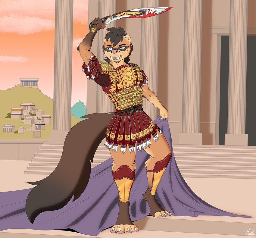 ancient_greece anthro armor bared_teeth barefoot belt blood blue_eyes bodily_fluids bottomless brown_body brown_fur brown_hair clothed clothing digitigrade feet fluffy fluffy_tail fur gold_clothing hair holding_object holding_weapon male melee_weapon messy_hair orange_sky paws pillar pink_body pink_nose pink_skin purple_cloth raised_arm red_clothing shin_guard shin_pads sky solo sword tail temple weapon nickelcatengine alexander_the_great domestic_cat domestic_ferret felid feline felis hybrid mammal mustelid musteline true_musteline weasel absurd_res detailed digital_drawing_(artwork) digital_media_(artwork) hi_res