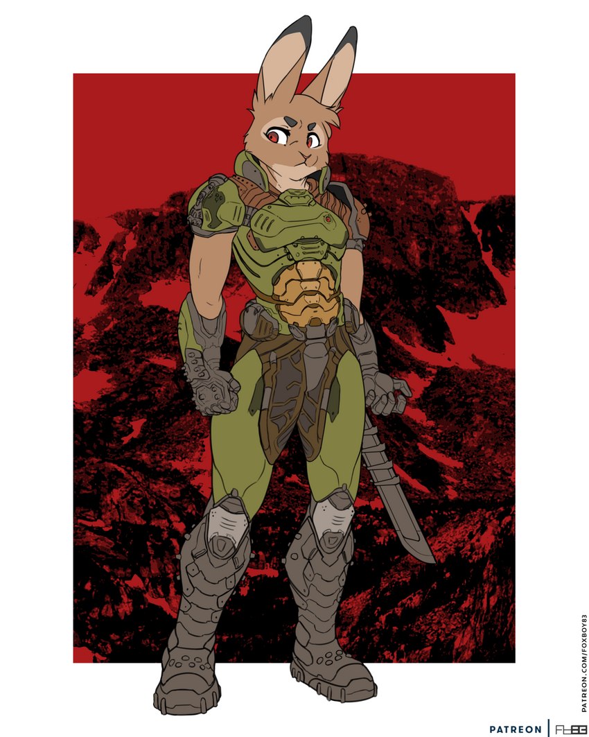 5_fingers anthro armor brown_body brown_fur clothed clothing female fingers fur red_eyes simple_background solo standing foxboy83 doom_(series) id_software microsoft daisy_(doom) doom_slayer lagomorph leporid mammal rabbit 4:5 colored digital_media_(artwork) flat_colors full-length_portrait hi_res portrait