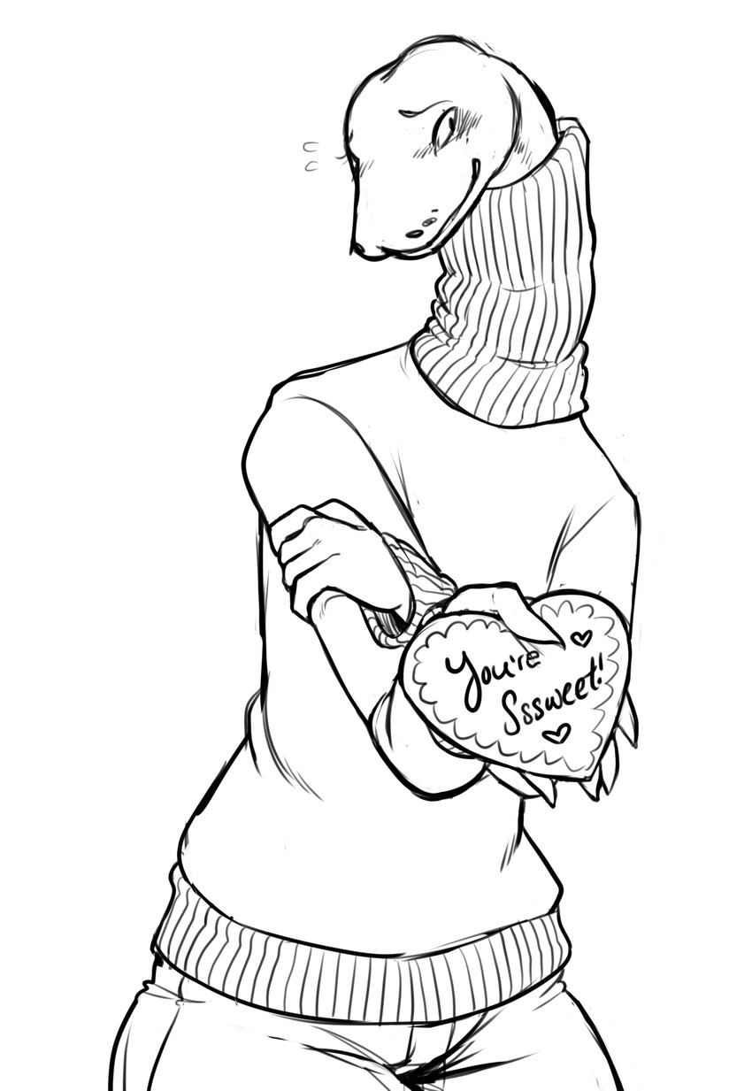 anthro blush bottomwear clothed clothing fingers fully_clothed holding_arm holidays looking_at_viewer male nervous pants pupils shirt shy simple_background slim slit_pupils solo standing sweater topwear turtleneck valentine's_day_card anonymous_artist valentine's_day musa_(character) reptile scalie snake digital_media_(artwork) hi_res monochrome portrait sketch three-quarter_portrait