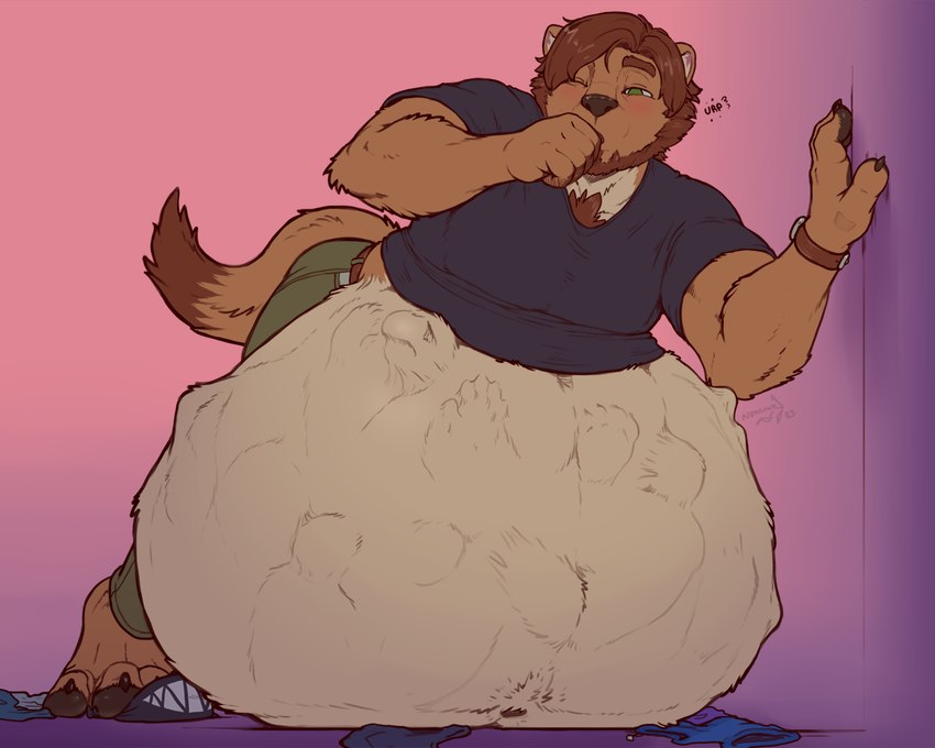 anthro body_outline burping clothes_on_floor leaning_on_wall lying male male_pred multiple_prey muscular on_front oral_vore solo unseen_prey vore nommz zee_(scribblynoodle) mammal mustelid musteline stoat true_musteline weasel 5:4