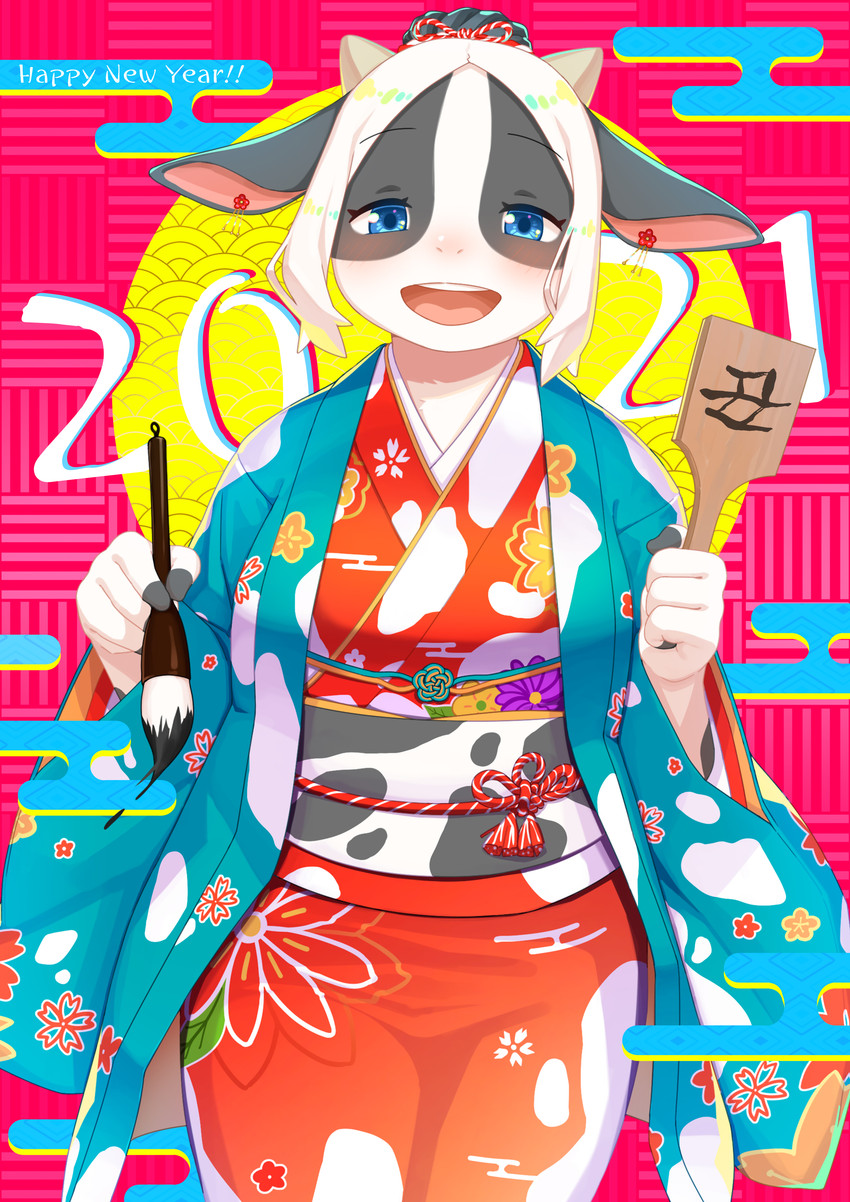 4_fingers anthro asian_clothing black_body black_ears blue_eyes blush breasts brush clothed clothing ear_piercing east_asian_clothing female female_anthro fingers floral_print hair half-closed_eyes happy headgear headwear holding_ink_brush holding_object holidays horn ink_brush japanese_clothing kemono kimono looking_at_viewer multicolored_body multicolored_clothing narrowed_eyes obi open_mouth open_smile piercing smile solo teeth text tongue white_body white_hair 848siba chinese_zodiac new_year year_of_the_ox bovid bovine cattle mammal 2021 absurd_res digital_media_(artwork) english_text hi_res japanese_text portrait shaded three-quarter_portrait translated translated_description