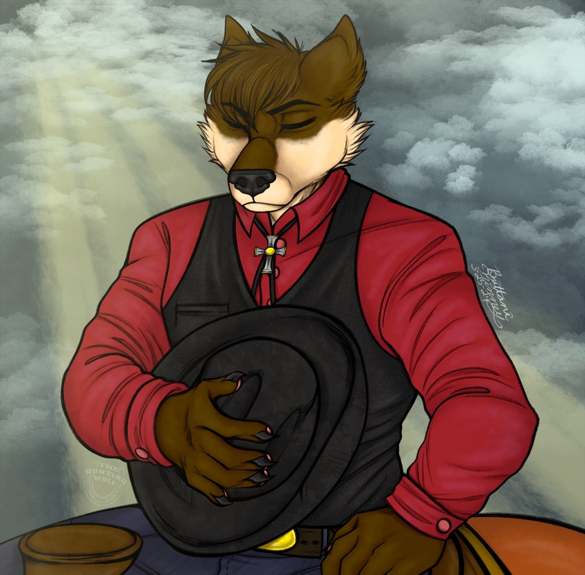 anthro clothing cowboy cowboy_hat cross hat headgear headwear male male_anthro outlaw prayer praying saddle solo western thehuntingwolf luckywolff canid canine canis deity mammal wolf absurd_res hi_res