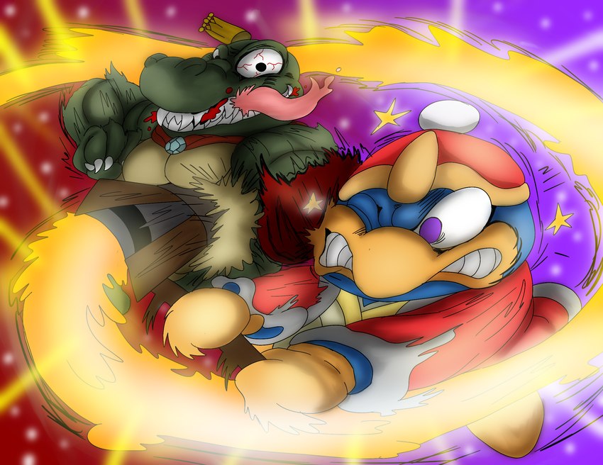 angry anthro bite blood bloodshot_eyes blue_body bodily_fluids cape clothing duo exhaust fantasy fight fire green_body green_scales hammer hitting impact impact_lines insane intense light lines_drawn male purple_background purple_eyes red_background scales sharp_teeth simple_background smears speed_lines star teeth tongue tongue_bite tools jaythefox333 donkey_kong_(series) kirby_(series) nintendo super_smash_bros. king_dedede king_k._rool avian bird crocodilian penguin reptile scalie crossover hatching_(art) hi_res shaded