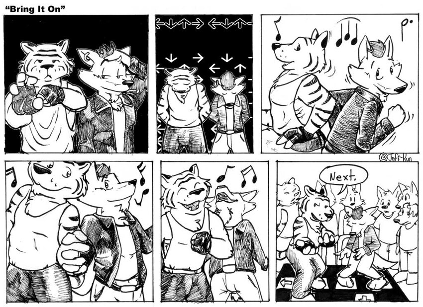 anthro audience clothing crowd dancing dialogue duo_focus ear_piercing fingerless_gloves gloves group handwear male piercing text leafdog bemani closet_coon dance_dance_revolution konami rodney_waters toby_romsawai canid canine canis coyote felid mammal pantherine tiger 2004 comic english_text monochrome