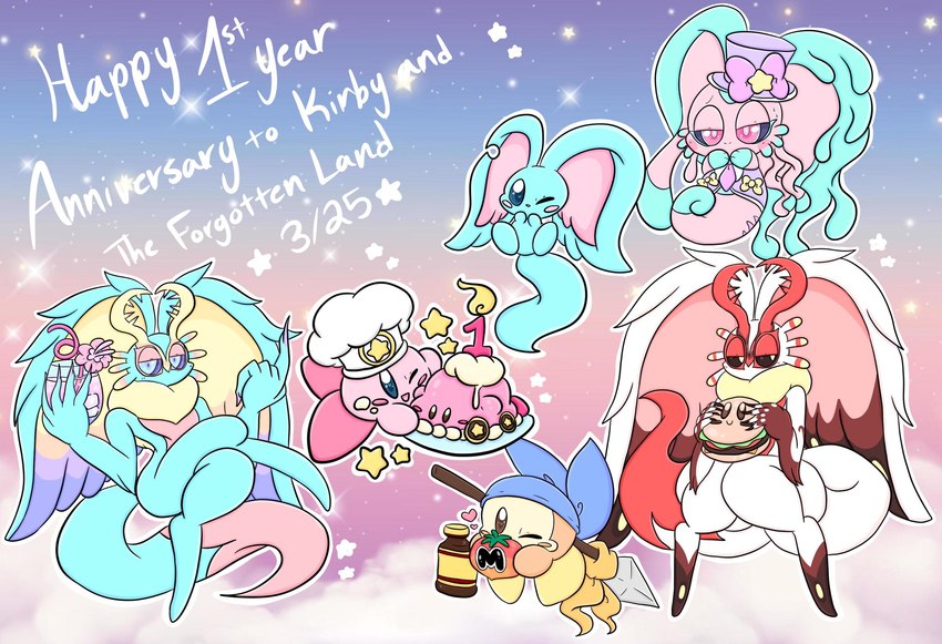 anniversary anthro antlers blue_body bottle burger cake chef_hat clothing container dessert food group hat headgear headwear horn kerchief male maxim_tomato melee_weapon mouthless orange_body pink_body polearm spear text weapon white_body lewdchuu_(artist) kirby_(series) kirby_and_the_forgotten_land nintendo bandana_waddle_dee chaos_elfilis cook_kirby elfilin fecto_elfilis fecto_forgo kirby chinchilla chinchillid mammal rodent starling_(kirby) waddling_head english_text hi_res