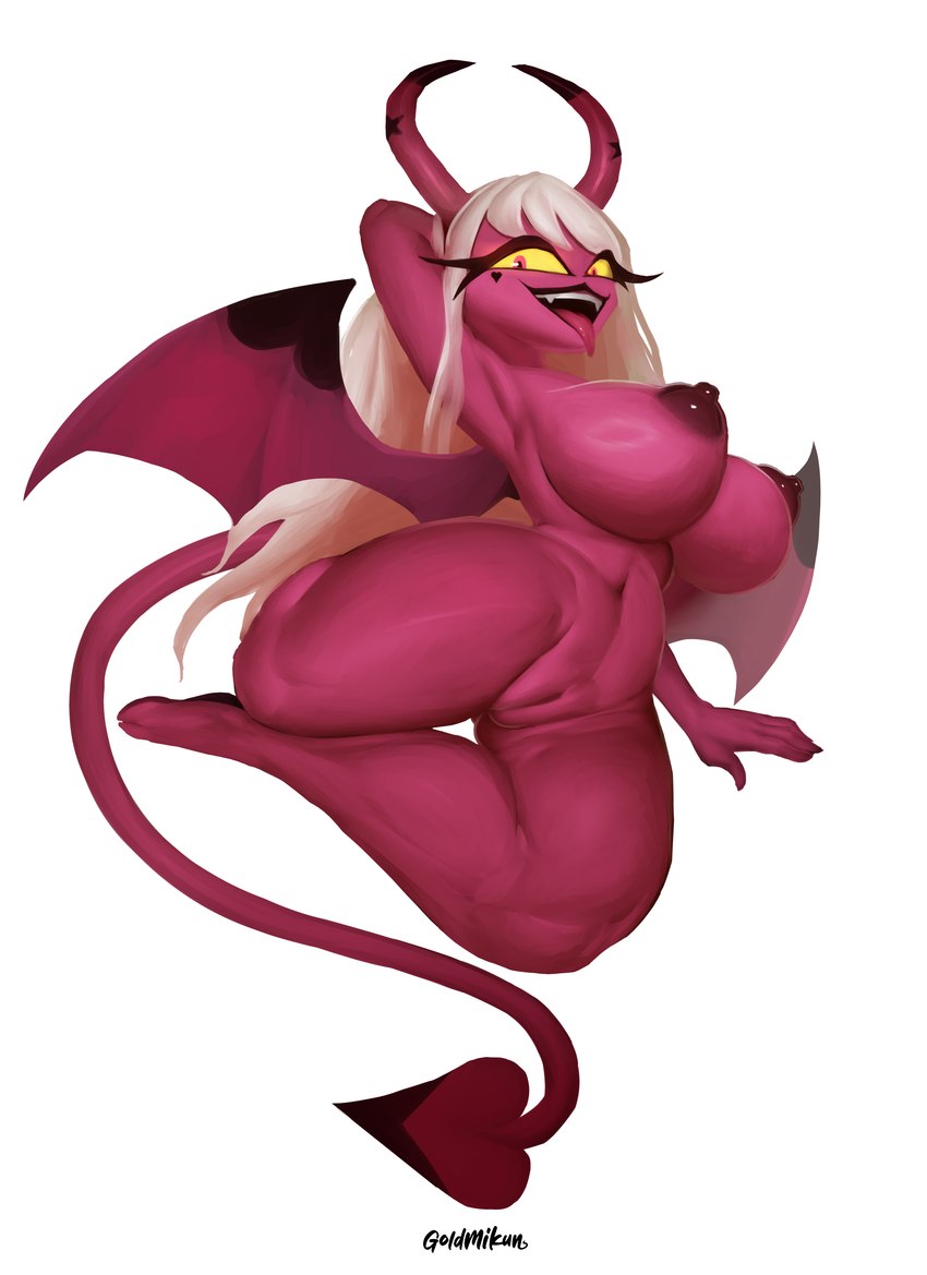 big_breasts breasts female genitals membrane_(anatomy) membranous_wings nipples not_furry pussy solo spade_tail tail thick_thighs tongue tongue_out wings goldmikun helluva_boss verosika_mayday demon demon_humanoid humanoid absurd_res hi_res