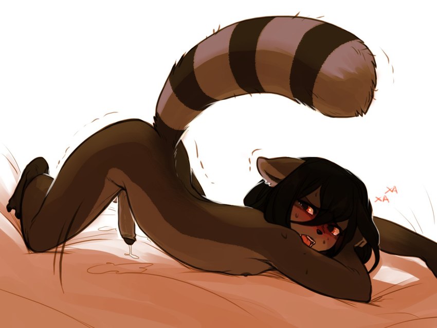 anthro ass_up black_hair blush bodily_fluids brown_body brown_fur femboy fur genital_fluids genitals hair long_hair lying male nude penis precum red_eyes shaking solo sweat helloggi mammal procyonid raccoon 4:3