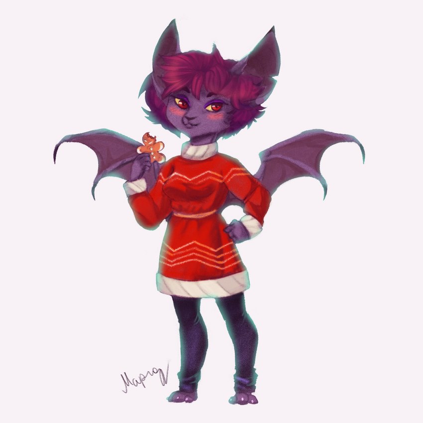 anthro bat_wings big_ears blush claws clothed clothing cookie dress female food gingerbread_cookie hair holiday_dressed membrane_(anatomy) membranous_wings purple_body red_eyes simple_background smile solo sweater_dress toony white_background wings wanderertamplior bat mammal 1:1 2022 absurd_res digital_media_(artwork) hi_res