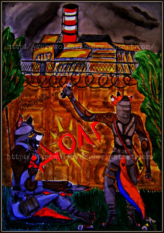 anthro blue_body blue_fur chernobyl duo female fur graffiti knife male outside red_body red_fur sky stalker tail ukraine werewolfovna mythology s.t.a.l.k.e.r. canid canine canis mammal mythological_canine mythological_creature werecanid werecanine werecreature werewolf wolf absurd_res distracting_watermark hi_res watermark