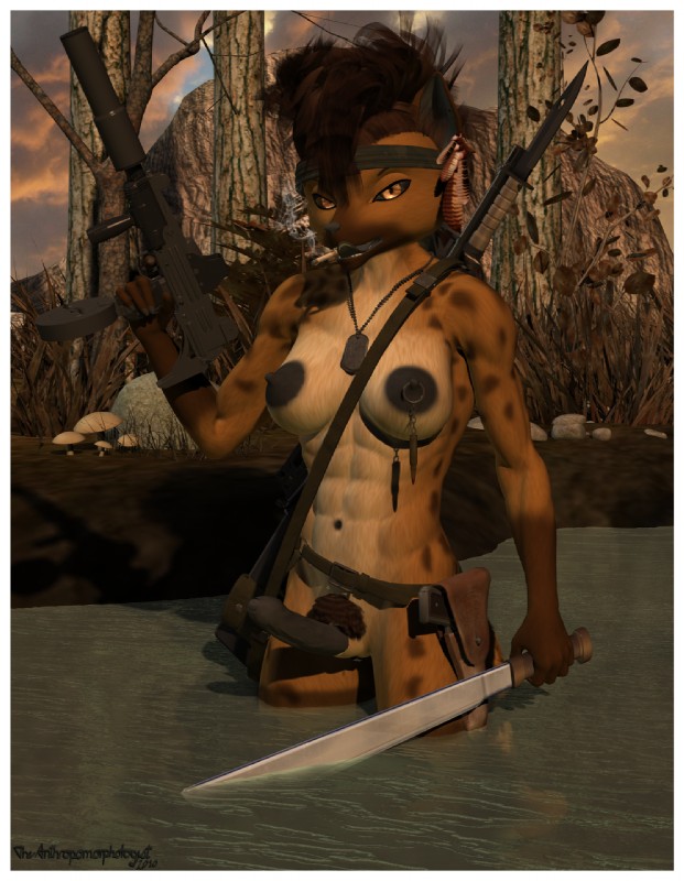 anthro arm_by_side bayonet bent_arm black_penis border breasts cigarette cloud detailed_background dog_tags erection forest genitals gun handgun herm holding_gun holding_object holding_ranged_weapon holding_weapon holster intersex knife lake legs_in_water machete melee_weapon mostly_nude nature nipples outside partially_submerged penis pistol plant ranged_weapon rifle sackless silencer sky solo standing standing_in_water straight_arm submachine_gun submerged_legs submerged_tail tail_in_water translucent_water tree uzi water weapon white_border wood the_anthropomorphologist hyena mammal spotted_hyena 2010 3d_(artwork) digital_media_(artwork) hi_res restricted_palette watermark