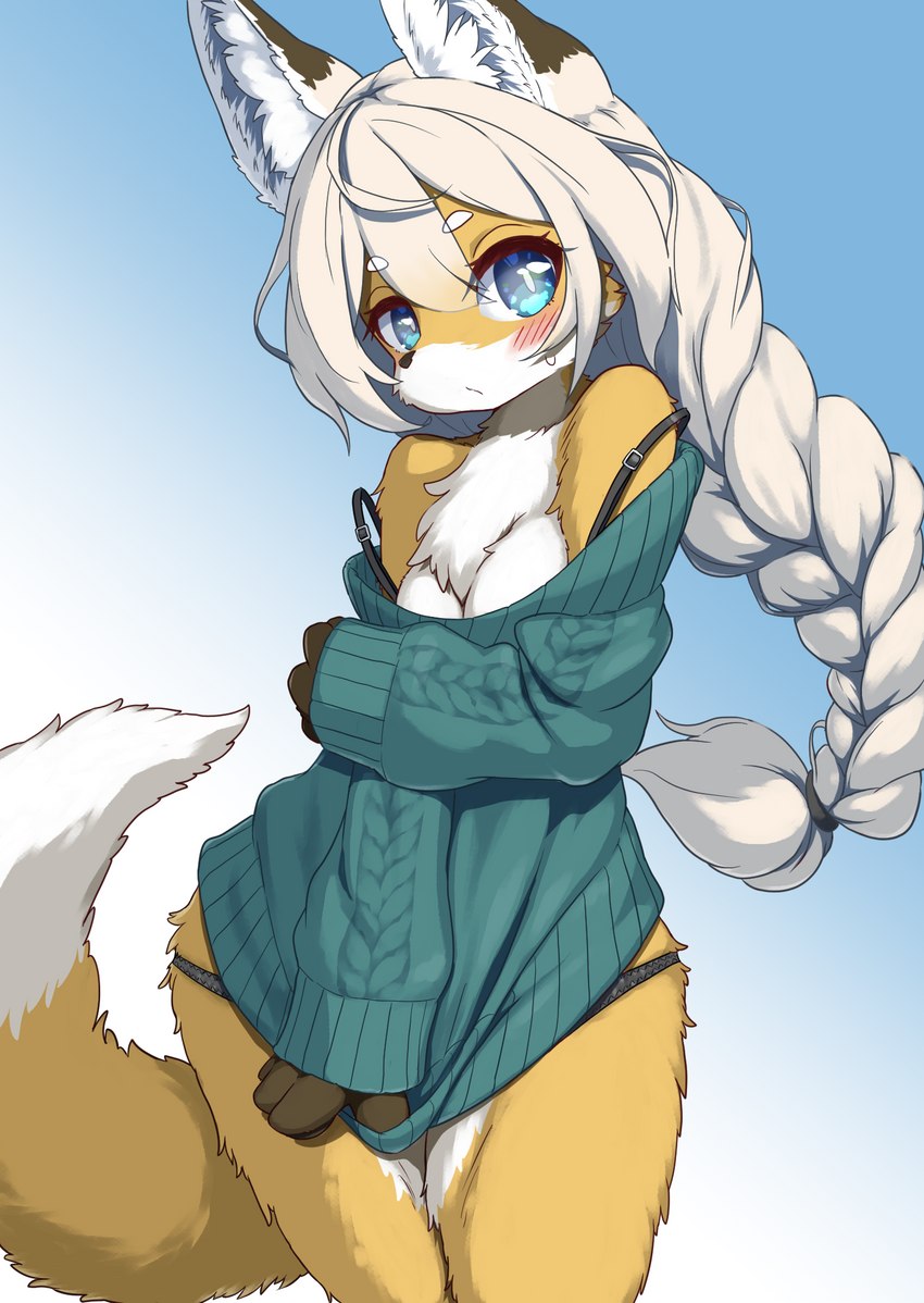 anthro blue_eyes blush bra_strap braided_hair braided_ponytail brown_body brown_fur chest_tuft clothed clothing clothing_pull covering covering_self dipstick_ears dipstick_tail ear_markings female female_anthro fluffy fur hair kemono long_hair looking_at_viewer markings multicolored_body multicolored_ears multicolored_fur orange_body orange_fur panties pantsless pantsless_anthro pantsless_female ponytail shoulderless_sweater solo sweater tail tail_markings topwear tuft underwear white_body white_fur white_hair koorinezumi canid canine fox mammal 2023 digital_media_(artwork) hi_res portrait three-quarter_portrait