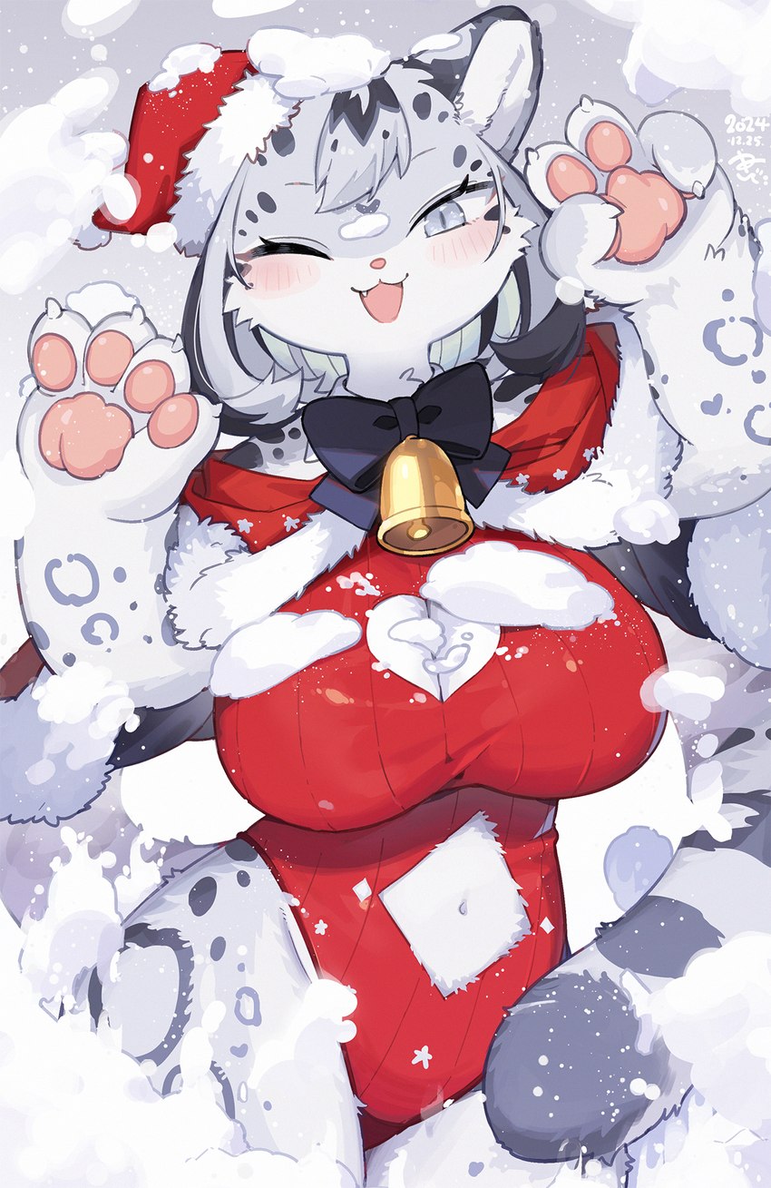 4_fingers anthro bell big_breasts black_hair bow_tie breasts christmas_clothing christmas_headwear cleavage_cutout clothing cute_fangs cutout eyebrows eyelashes fangs female fingers fur grey_body grey_eyes grey_fur grey_hair hair hat headgear headwear holidays kemono leotard markings navel navel_cutout one_eye_closed open_mouth pawpads red_clothing red_leotard santa_hat snow solo spots spotted_body spotted_fur teeth white_body white_fur wink kishibe christmas felid mammal pantherine snow_leopard 2024 hi_res