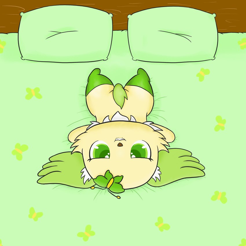 accessory anthro bed bedroom_eyes bite biting_lip butterfly_(accessory) clothing covering covering_crotch female footwear fur furniture green_body green_eyes green_fur hair_accessory hairclip legwear looking_at_viewer narrowed_eyes neck_tuft pillow seductive semi-anthro socks solo stockings tail tuft yellow_body yellow_fur masterlinkx jewelpet sanrio sega sega_fave peridot_(jewelpet) arthropod canid canine canis domestic_dog insect lepidopteran mammal papillon toy_dog 1:1 absurd_res hi_res