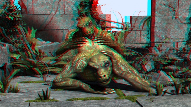 4_toes ambiguous_gender anthro arched_back arm_support athletic athletic_anthro athletic_male bent_arm duo fangs feet fern forward_arm_support from_behind_position front_view green_body green_scales green_skin grin hand_on_butt hand_on_head hind_toe ivy_(plant) leaning_on_elbow looking_at_viewer lying male moss nude_anthro nude_male on_front on_ground open_mouth plant ruins scales sex smile stone_wall teeth toes tongue tongue_out wall_(structure) wooky lizard reptile scalie 3d_(artwork) anaglyph digital_media_(artwork) hi_res stereogram
