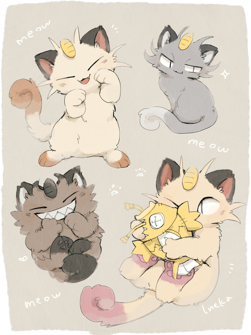 ambiguous_gender blush blush_lines brown_body brown_fur claws emanata fangs feral footprint fur grey_body grey_fur heart_symbol one_eye_closed open_mouth pawpads pawprint paws simple_background solo sparkles tail tan_body tan_fur teeth text tongue toothy_grin toy whiskers ineka nintendo pokemon alolan_form alolan_meowth galarian_form galarian_meowth generation_1_pokemon generation_7_pokemon generation_8_pokemon magikarp meowth pokemon_(species) regional_form_(pokemon) shiny_pokemon 2025 3:4 english_text hi_res signature