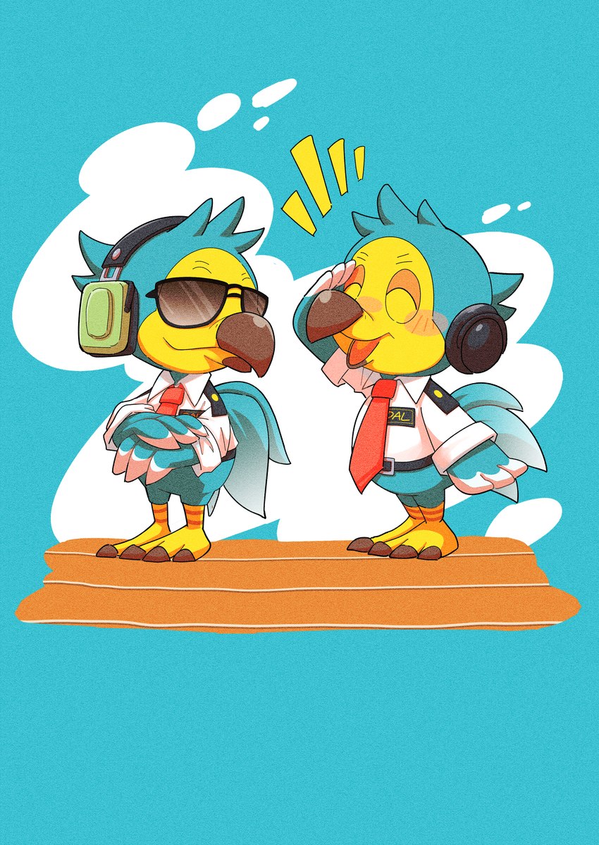 anthro beak belt blue_background blue_body blue_feathers chibi clothing duo electronics eyes_closed eyewear feathers gesture headphones male necktie salute simple_background smile standing sunglasses uniform satojoyu animal_crossing nintendo orville_(animal_crossing) wilbur_(animal_crossing) avian bird columbid dodo recently_extinct_species 2020 absurd_res digital_media_(artwork) hi_res brother_(lore) brothers_(lore) sibling_(lore)