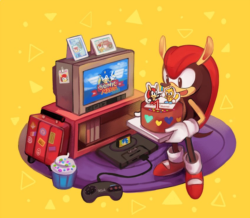 anthro biped black_body cake clothing controller dessert electronics food footwear game_cartridge game_console game_controller gloves handwear heart_symbol male photo red_shell retro_console shell shoes simple_background smile solo standing television djslash classic_sonic_(universe) sega sega_genesis sonic_the_hedgehog_(series) mighty_the_armadillo ray_the_flying_squirrel sonic_the_hedgehog armadillo eulipotyphlan flying_squirrel hedgehog mammal rodent sciurid xenarthran 2020 full-length_portrait hi_res portrait