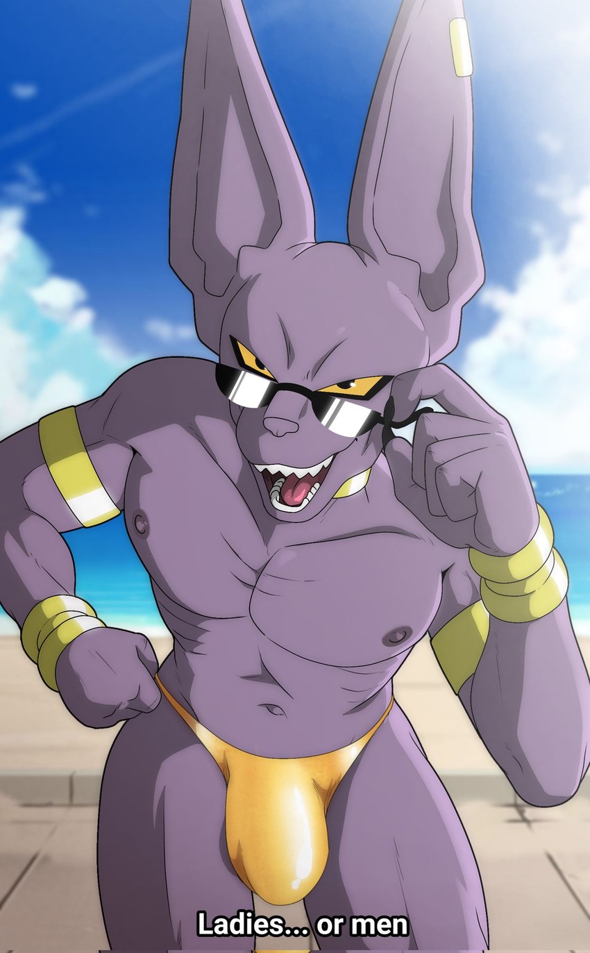 anthro athletic athletic_anthro athletic_male bulge clothed clothing day detailed_background dialogue eyewear looking_at_viewer male outside purple_body solo speedo sunglasses swimwear talking_to_viewer thong topless topless_anthro topless_male underwear wiping_forehead foot_ninja15 dragon_ball dragon_ball_super beerus domestic_cat felid feline felis mammal hi_res