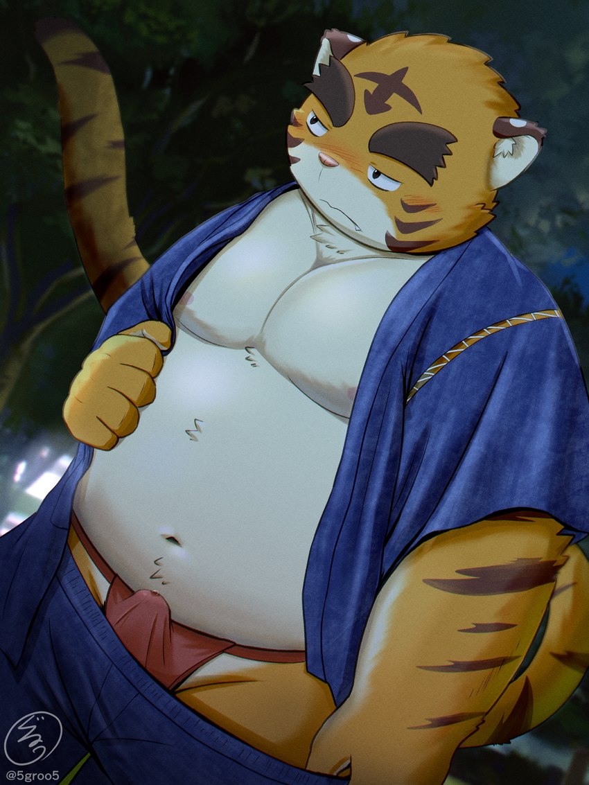 anthro asian_clothing belly blush bulge clothing countershading east_asian_clothing fundoshi humanoid_hands japanese_clothing jinbei_(clothing) kemono male moobs navel outside overweight overweight_male red_clothing red_fundoshi red_underwear solo underwear 5groo5 felid mammal pantherine tiger 2022 3:4 hi_res