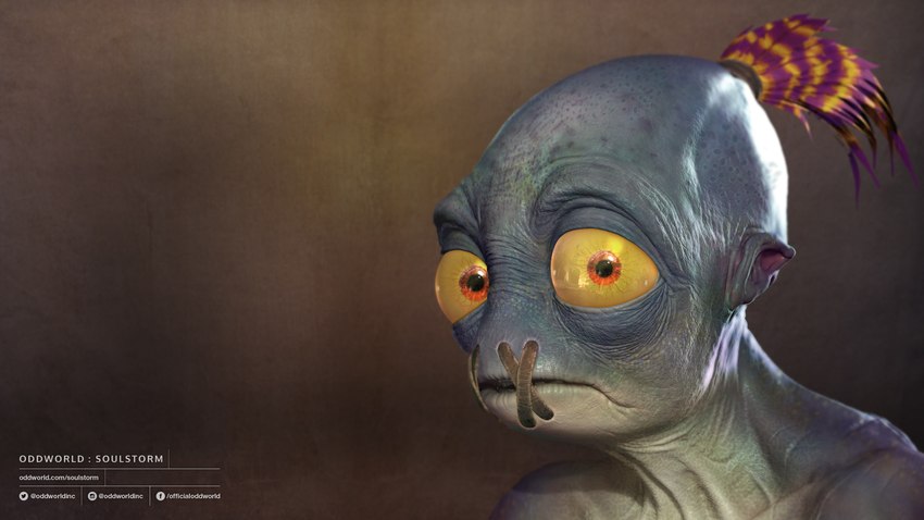 blue_body close-up feathers humanoid_pointy_ears looking_at_viewer male orange_eyes pointy_ears sewn_mouth solo text yellow_sclera unknown_artist oddworld abe_(oddworld) alien alien_humanoid humanoid mudokon 16:9 3d_(artwork) 4k absurd_res alternate_version_at_source digital_media_(artwork) hi_res official_art url wallpaper widescreen