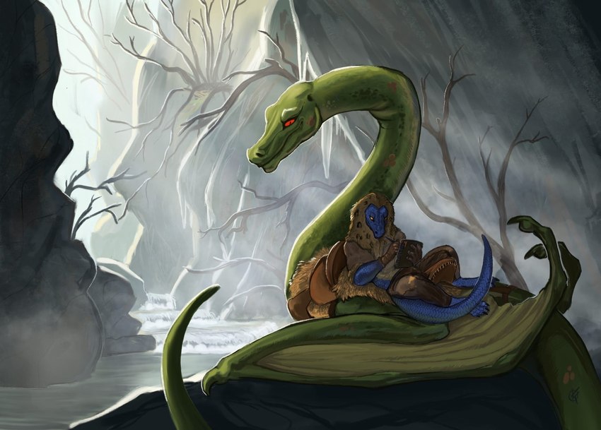 anthro claws drawing duo feral fur_cloak lying_on_another male plant red_eyes scales swamp tail tree waterfall yellow_eyes ponynok european_mythology heroes_of_might_and_magic_3 mythology broghild_(homm) dragon mythological_creature mythological_scalie scalie western_dragon wyvern hi_res painting_(artwork) traditional_media_(artwork)