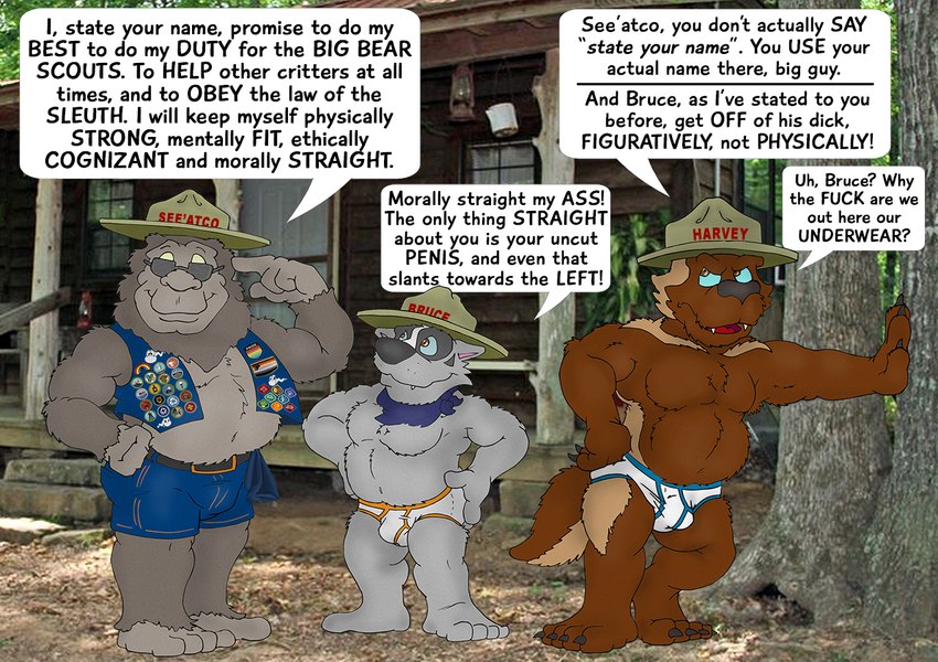 allcaps anthro barefoot belt black_nose blue_bottomwear blue_clothing blue_kerchief blue_sclera blue_seam_briefs blue_seam_underwear blue_shorts bottomwear briefs brown_body brown_fur bulge clothed clothing colored_seam_underwear detailed_bulge dialogue eyewear feet fur grey_body grey_fur group hand_on_tree hat headgear headwear kerchief male male/male musclegut muscular orange_seam_briefs orange_seam_underwear outside plant profanity shorts smile sunglasses tan_hat tan_headwear text tighty_whities topless trio underwear white_briefs white_clothing white_underwear brucebadger bruce_(brucebadger) harvey_(brucebadger) see'atco badger gulonine mammal mustelid musteline primate sasquatch wolverine english_text