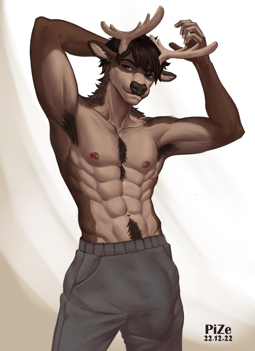 abs anthro antlers armpit_hair big_bulge black_nose body_hair bottomwear brown_body brown_fur brown_hair bulge chest_tuft clothed clothing detailed_bulge down_the_leg_bulge fur genital_outline green_eyes hair hand_behind_head happy_trail horn male muscular muscular_anthro muscular_male nipples obliques pants partially_clothed penis_outline pose raised_arms serratus solo standing sweatpants tan_body tan_fur topless tuft pize rook_(lazymoose) deer mammal hi_res pinup