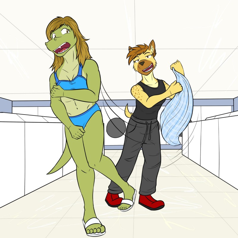 anthro bra breasts brown_eyes cleavage clothed clothing crossgender duo female flip_flops footwear hair mtf_crossgender panties sandals shirt shoes smile tank_top teeth tongue topwear underwear fuze fuzeyeen gabriel_(fuze) alligator alligatorid crocodilian hyena mammal reptile scalie spotted_hyena 1:1 hi_res