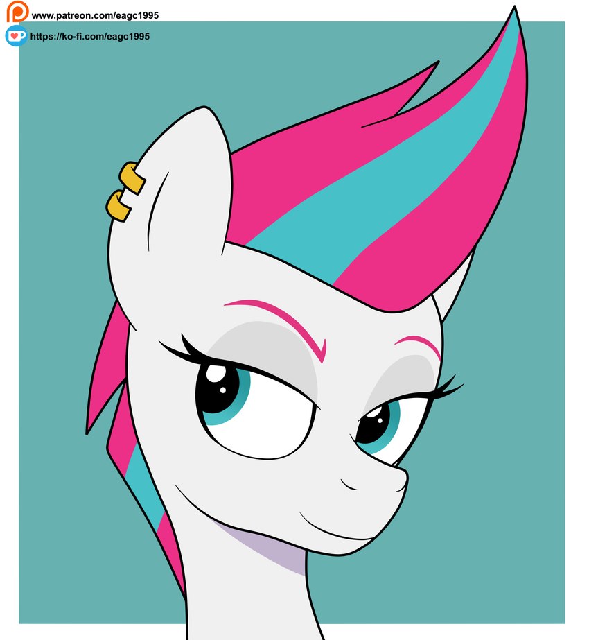 blue_hair dreamworks_smirk ear_piercing ear_ring eyebrows female feral hair half-closed_eyes multicolored_hair narrowed_eyes piercing pink_hair ring_piercing smile solo text two_tone_hair white_body eagc7 hasbro mlp_g5 my_little_pony zipp_storm_(mlp) equid equine horse mammal pony absurd_res bust_portrait digital_media_(artwork) hi_res portrait signature url