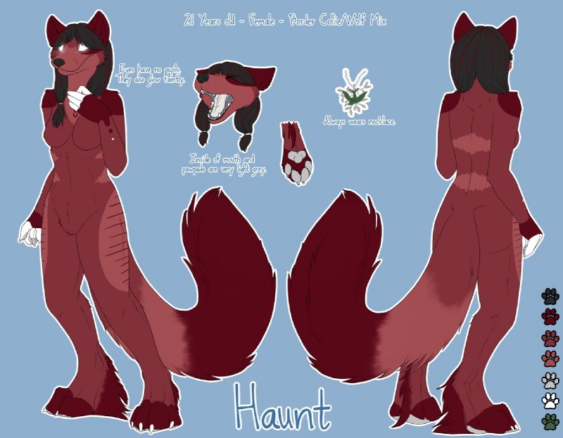 anthro big_breasts breasts female fluffy fur glowing hair jewelry long_hair necklace red_body red_fur solo text khagra haunt_(character) canid canine ghost mammal spirit english_text model_sheet