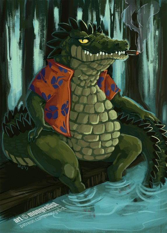 anthro belly big_belly biped cigar clothing green_body green_scales long_tail male mostly_nude partially_submerged scales sitting slightly_chubby smoking solo tail teeth topwear vest water yellow_eyes mongrelist alligator alligatorid crocodilian reptile scalie 2018 hi_res